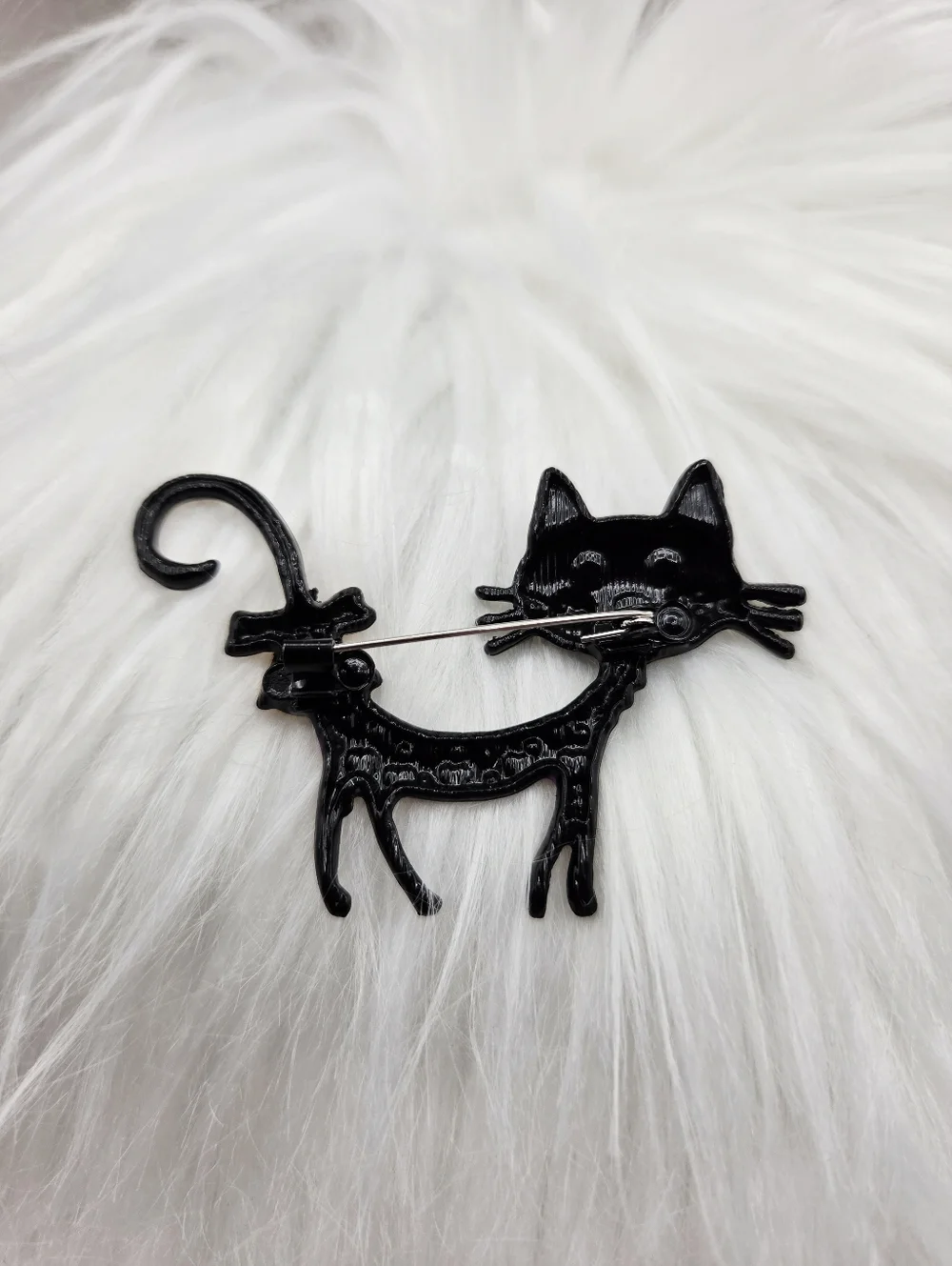 Whimsical Purple Cat Brooch with Orange Polka-Dot Bow, NWOT